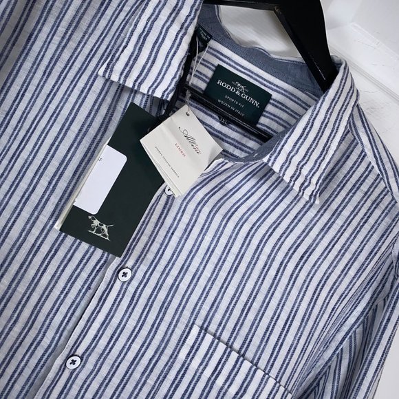Rodd & Gunn Victoria Avenue L/S Linen Blend Button Shirt Blue Stripe Men's XXL - Picture 1 of 8